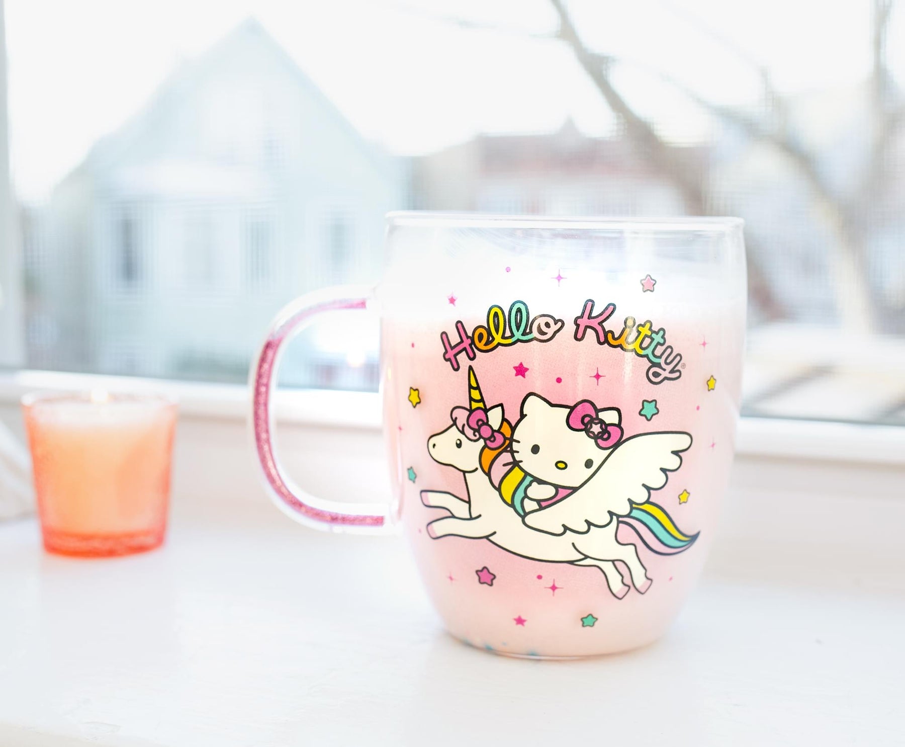 Sanrio Hello Kitty Unicorn Glass Mug With Glitter Handle | Holds 14 Ounces