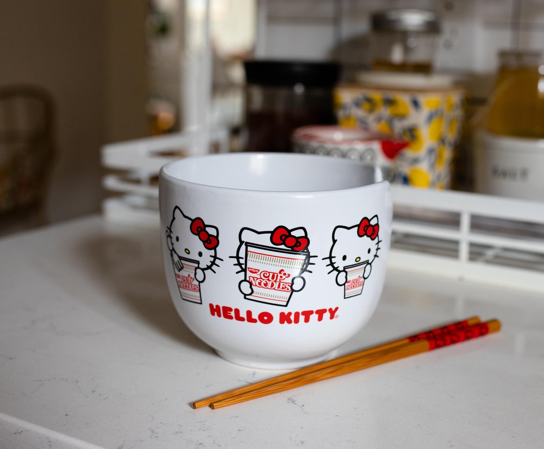 Hello Kitty Cup Noodle Japanese Dinnerware Set | 20-Ounce Ramen Bowl, Chopsticks