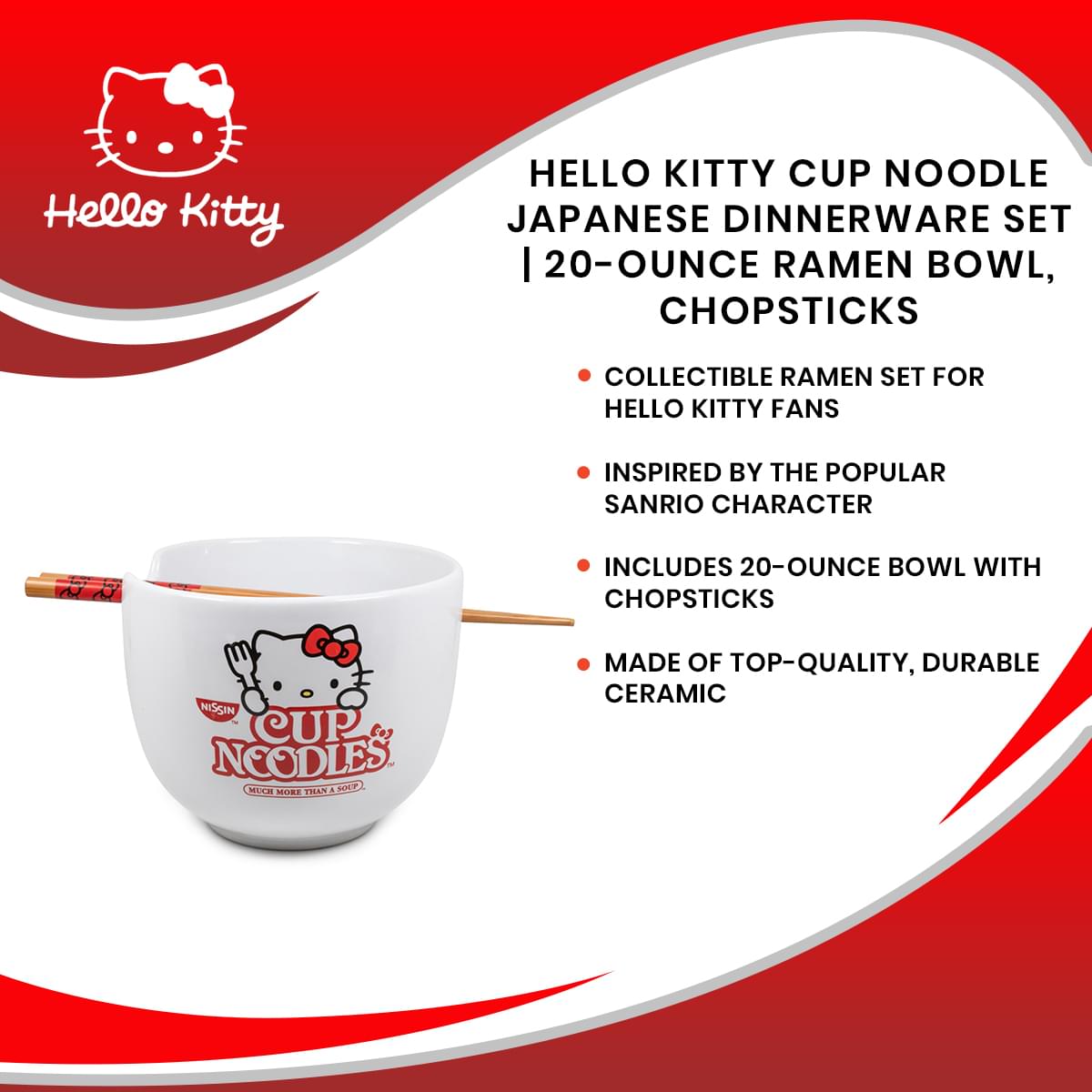 Hello Kitty Cup Noodle Japanese Dinnerware Set | 20-Ounce Ramen Bowl, Chopsticks