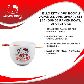 Hello Kitty Cup Noodle Japanese Dinnerware Set | 20-Ounce Ramen Bowl, Chopsticks
