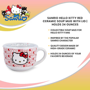Sanrio Hello Kitty Red Ceramic Soup Mug with Lid | Holds 24 Ounces