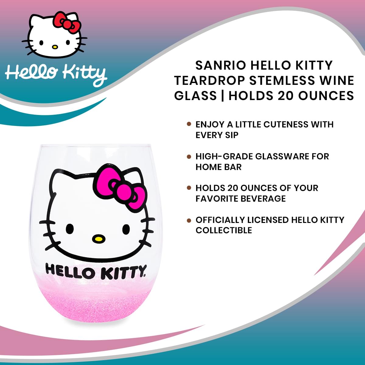 Sanrio Hello Kitty Teardrop Stemless Wine Glass | Holds 20 Ounces