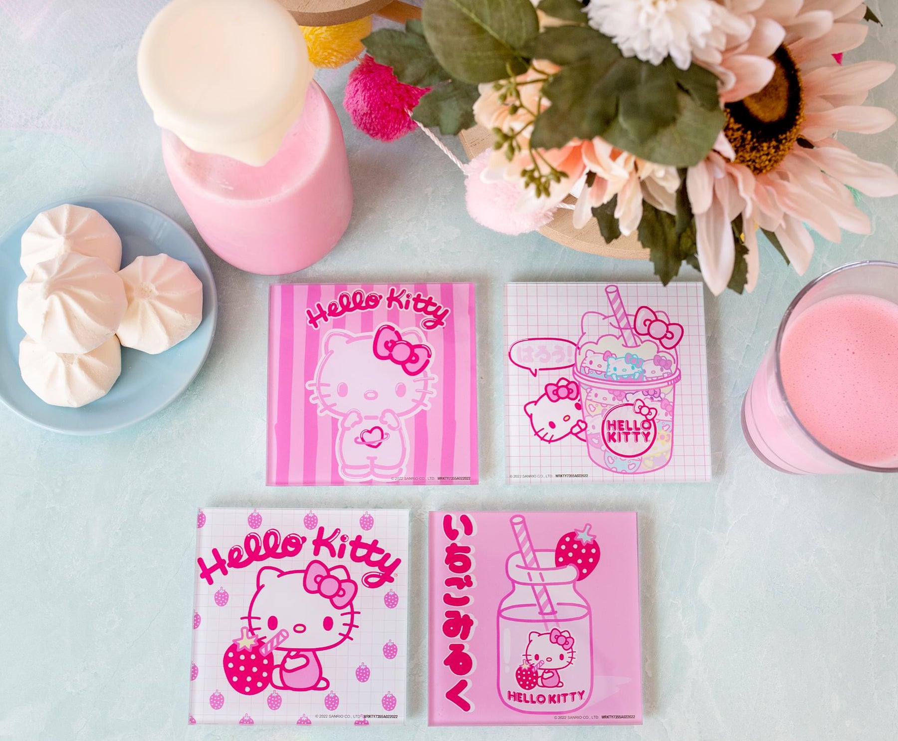 Sanrio Hello Kitty Strawberry Milk Glass Coasters | Set of 4
