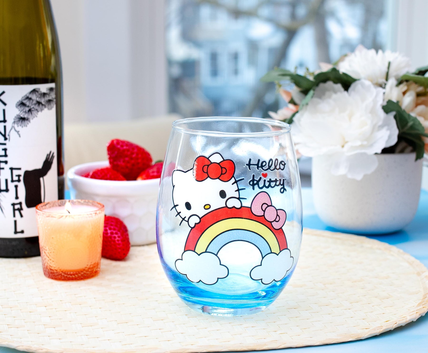 Sanrio Hello Kitty Rainbow Peek Stemless Wine Glass | Holds 20 Ounces