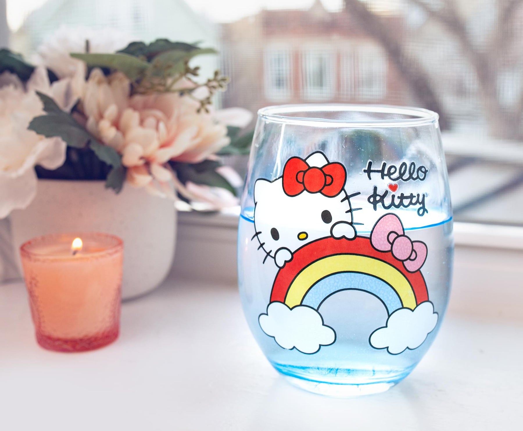 Sanrio Hello Kitty Rainbow Peek Stemless Wine Glass | Holds 20 Ounces