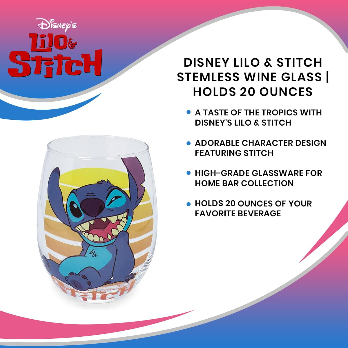 Disney Lilo & Stitch Stemless Wine Glass | Holds 20 Ounces