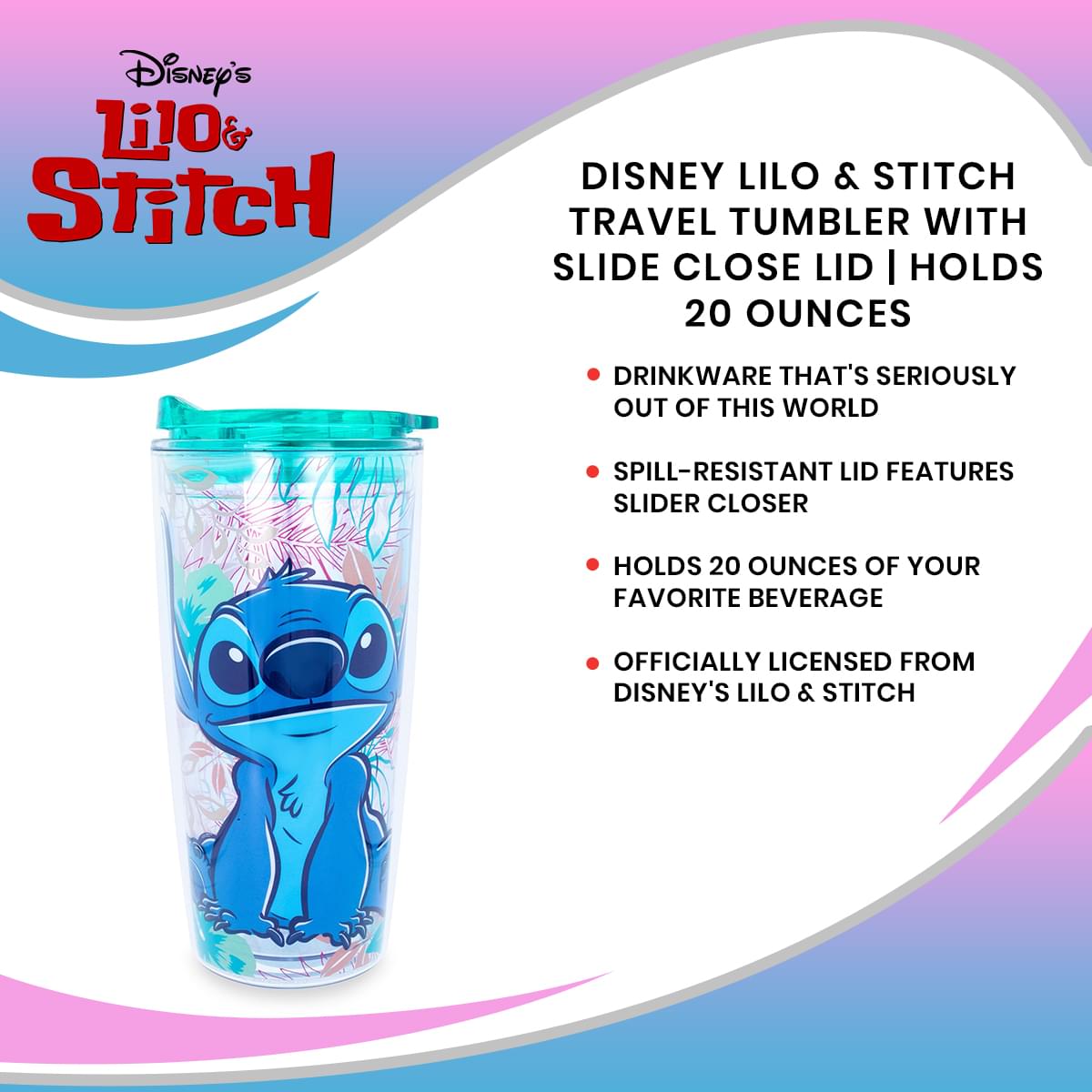 Silver Buffalo Disney Lilo & Stitch Travel Tumbler With Slide Close Lid