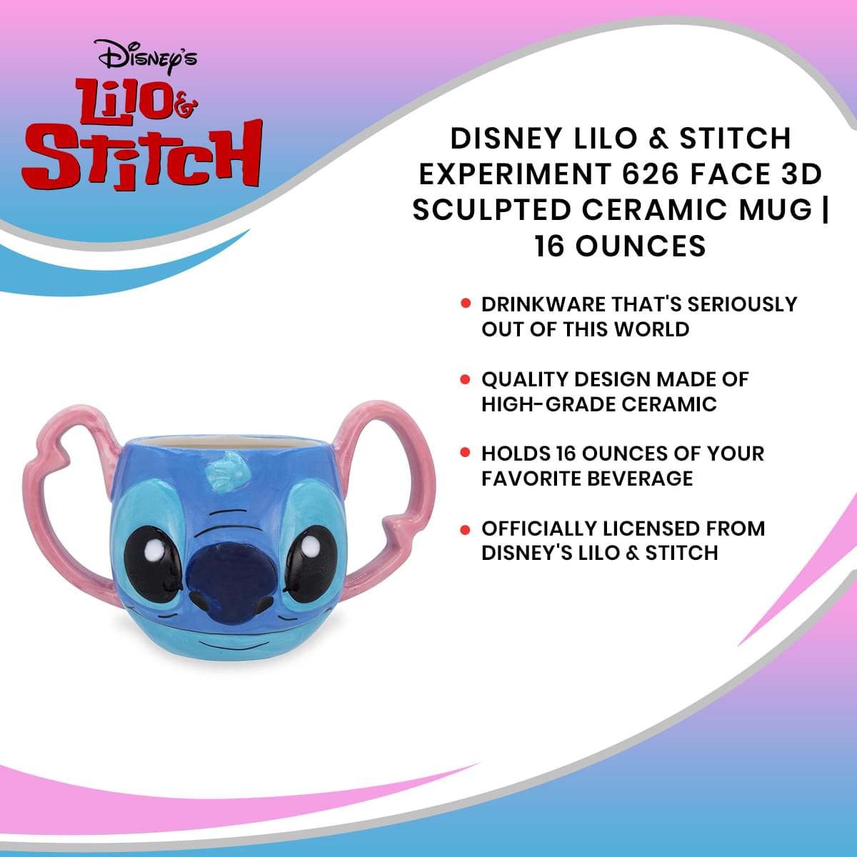 Disney Lilo & Stitch Experiment 626 Face 3D Sculpted Ceramic Mug | 16 Ounces