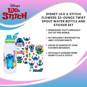 Disney Lilo & Stitch Flowers 32-Ounce Twist Spout Water Bottle And Sticker Set