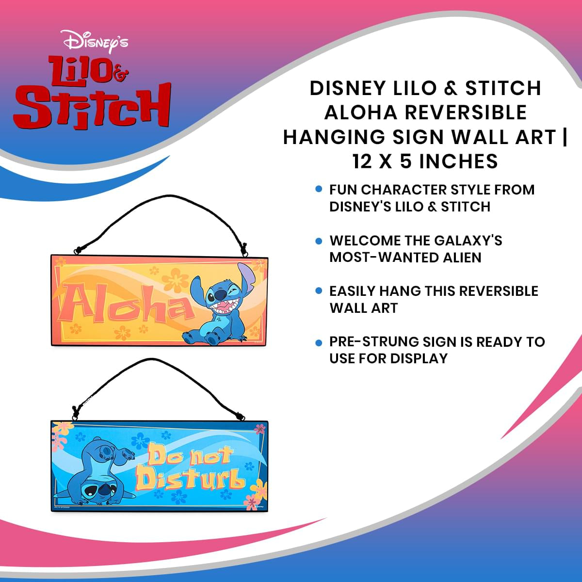 Disney Lilo & Stitch Aloha Reversible Hanging Sign Wall Art | 12 x 5 Inches