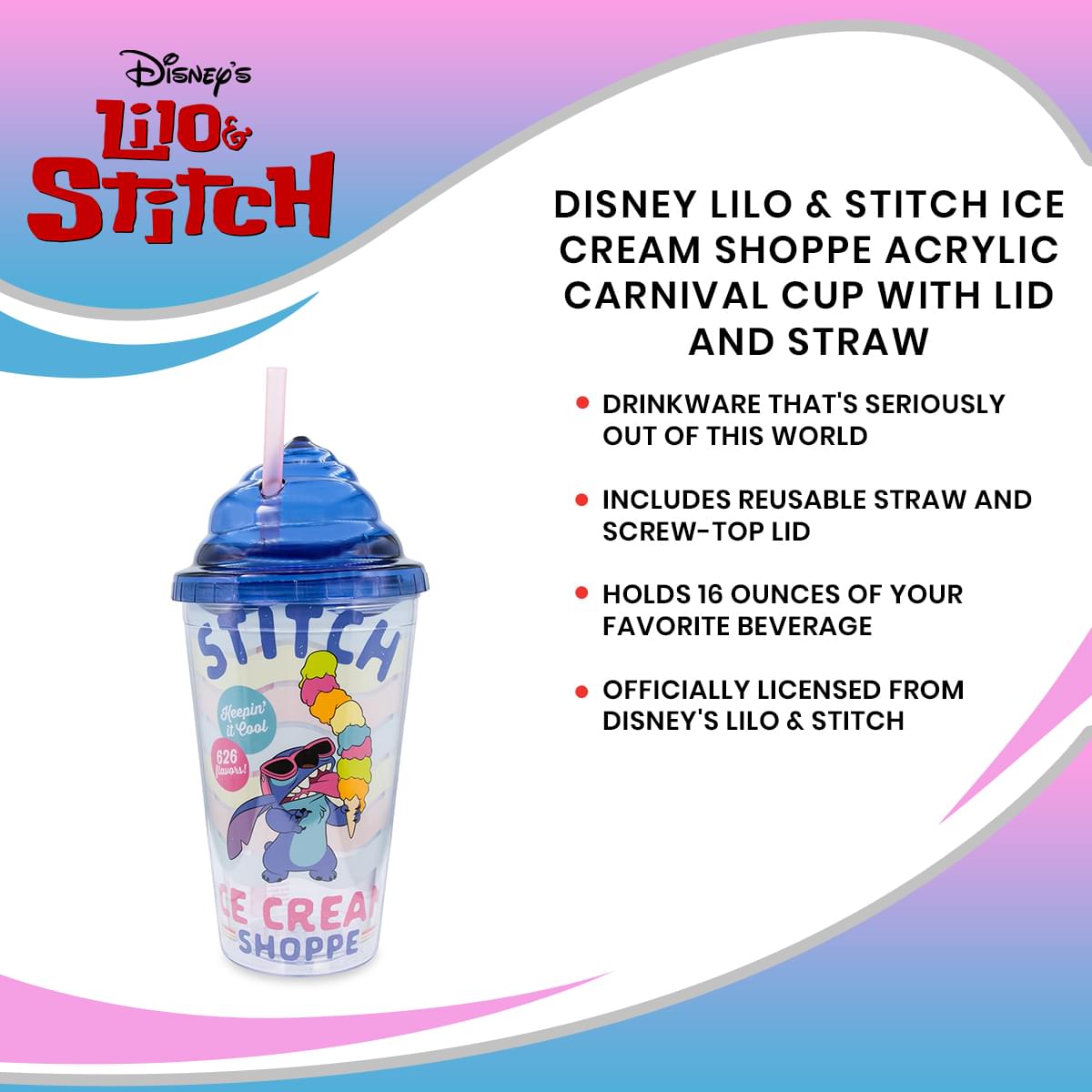 Disney Lilo & Stitch Ice Cream Shoppe Acrylic Carnival Cup with Lid and Straw