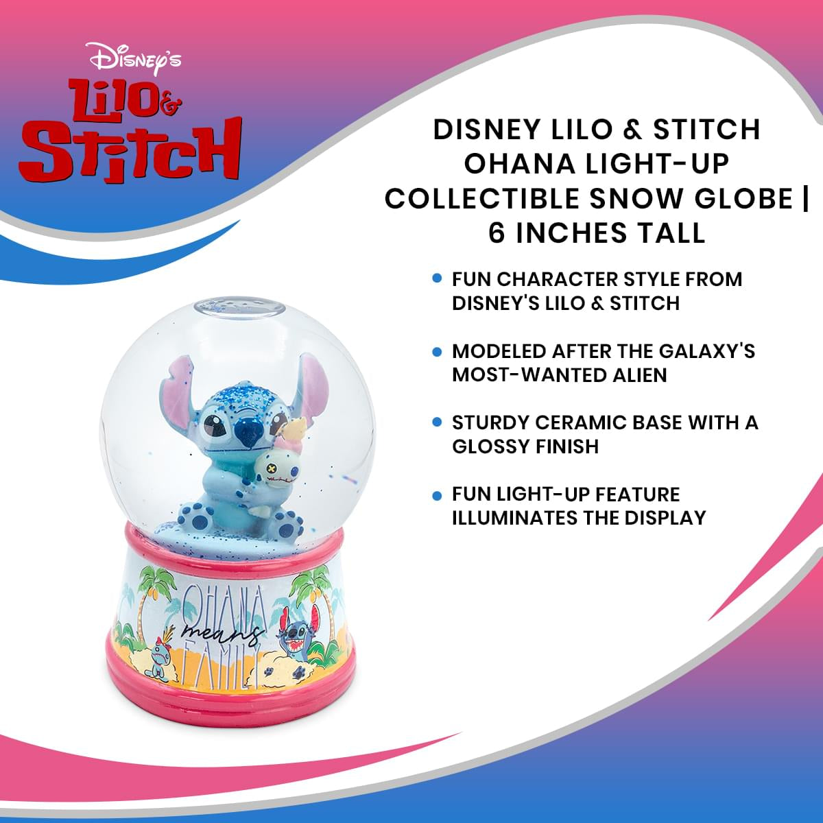 Disney Lilo & Stitch Ohana Light-Up Collectible Snow Globe | 6 Inches Tall