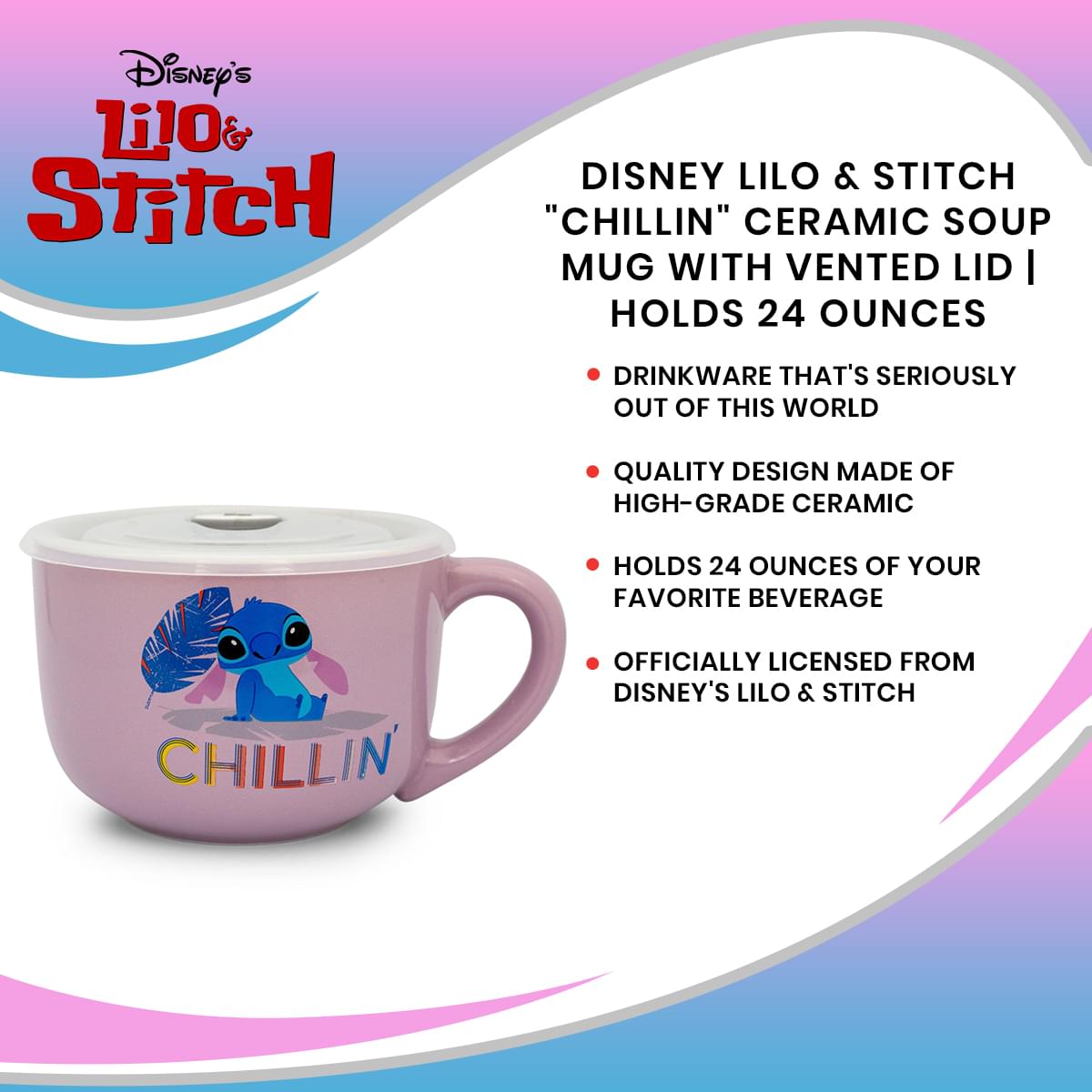 Disney Lilo & Stitch "Chillin" Ceramic Soup Mug With Vented Lid | Holds 24 Ounces
