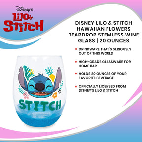 Disney Lilo & Stitch Hawaiian Flowers Teardrop Stemless Wine Glass | 20 Ounces