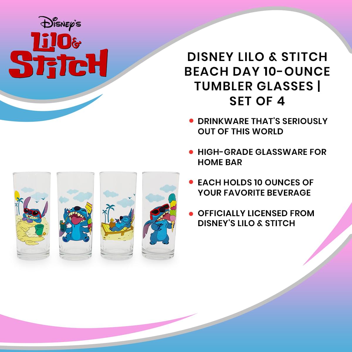 Disney Lilo & Stitch Beach Day 10-Ounce Tumbler Glasses | Set of 4