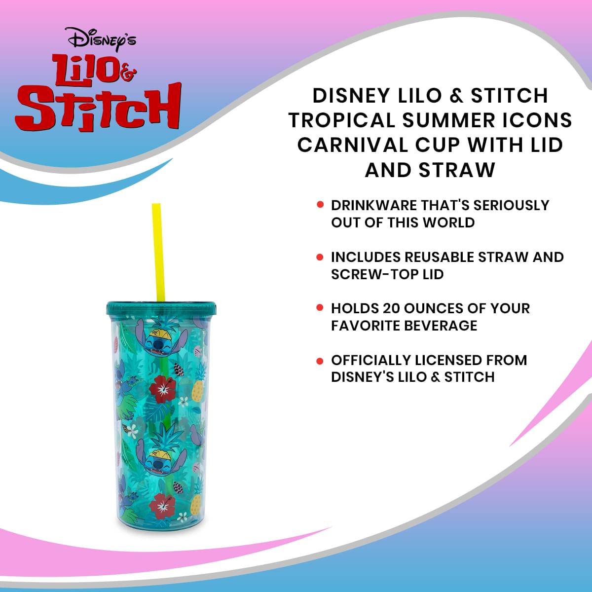 Disney Lilo & Stitch Tropical Summer Icons Carnival Cup with Lid and Straw