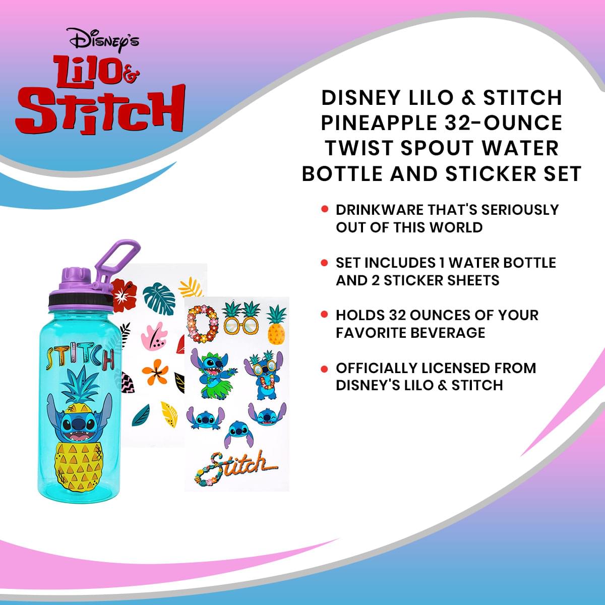 Disney Lilo & Stitch Pineapple 32-Ounce Twist Spout Water Bottle And Sticker Set