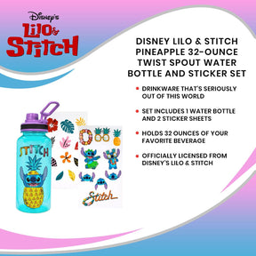 Disney Lilo & Stitch Pineapple 32-Ounce Twist Spout Water Bottle And Sticker Set