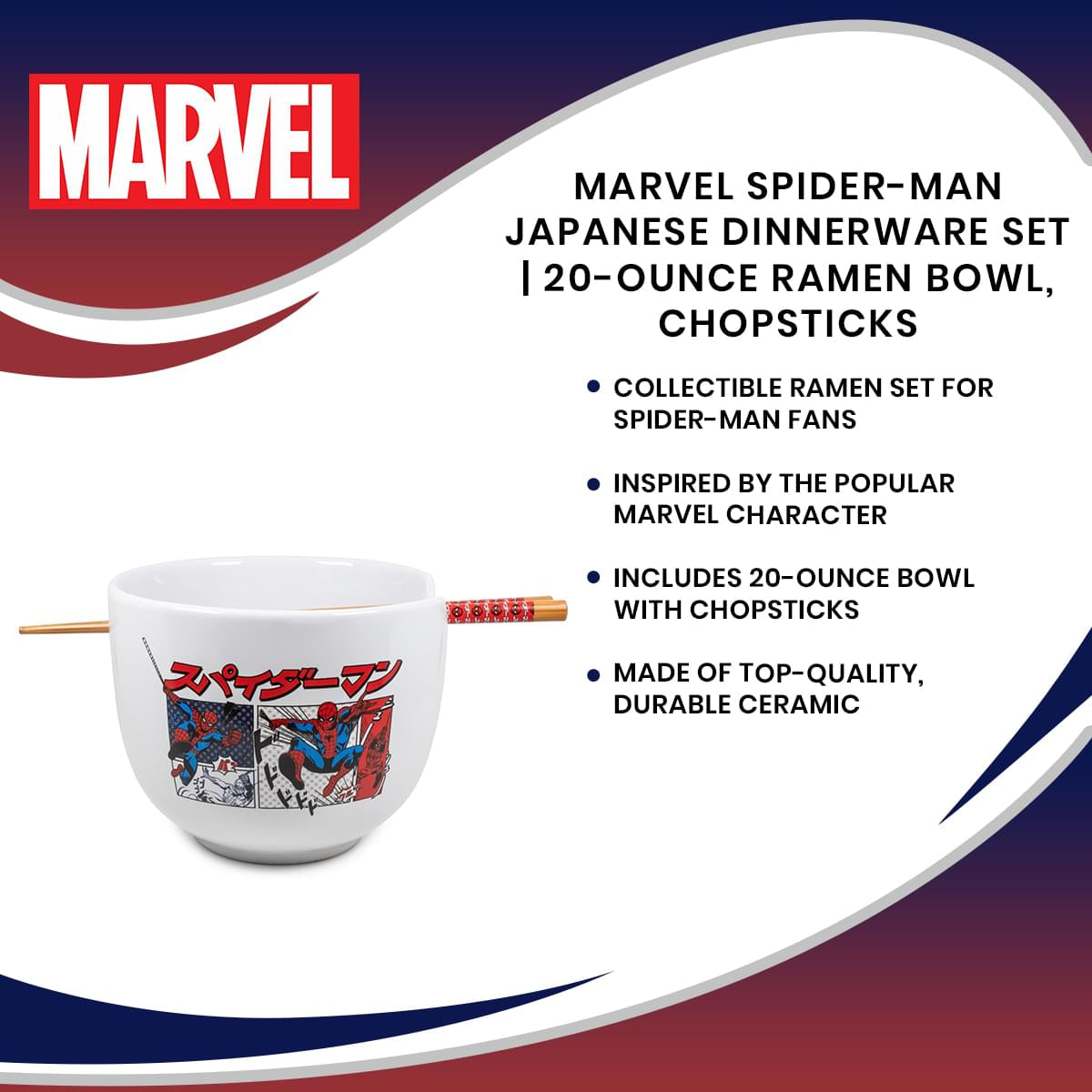 Marvel Spider-Man Japanese Dinnerware Set | 20-Ounce Ramen Bowl, Chopsticks
