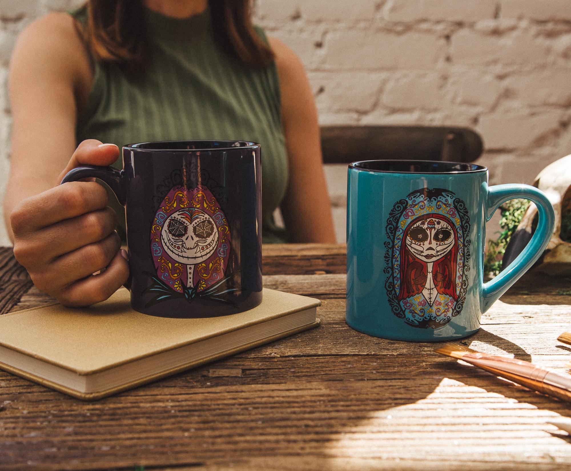 Disney Nightmare Before Christmas Sugar Skulls Jack and Sally Ceramic Mug Set