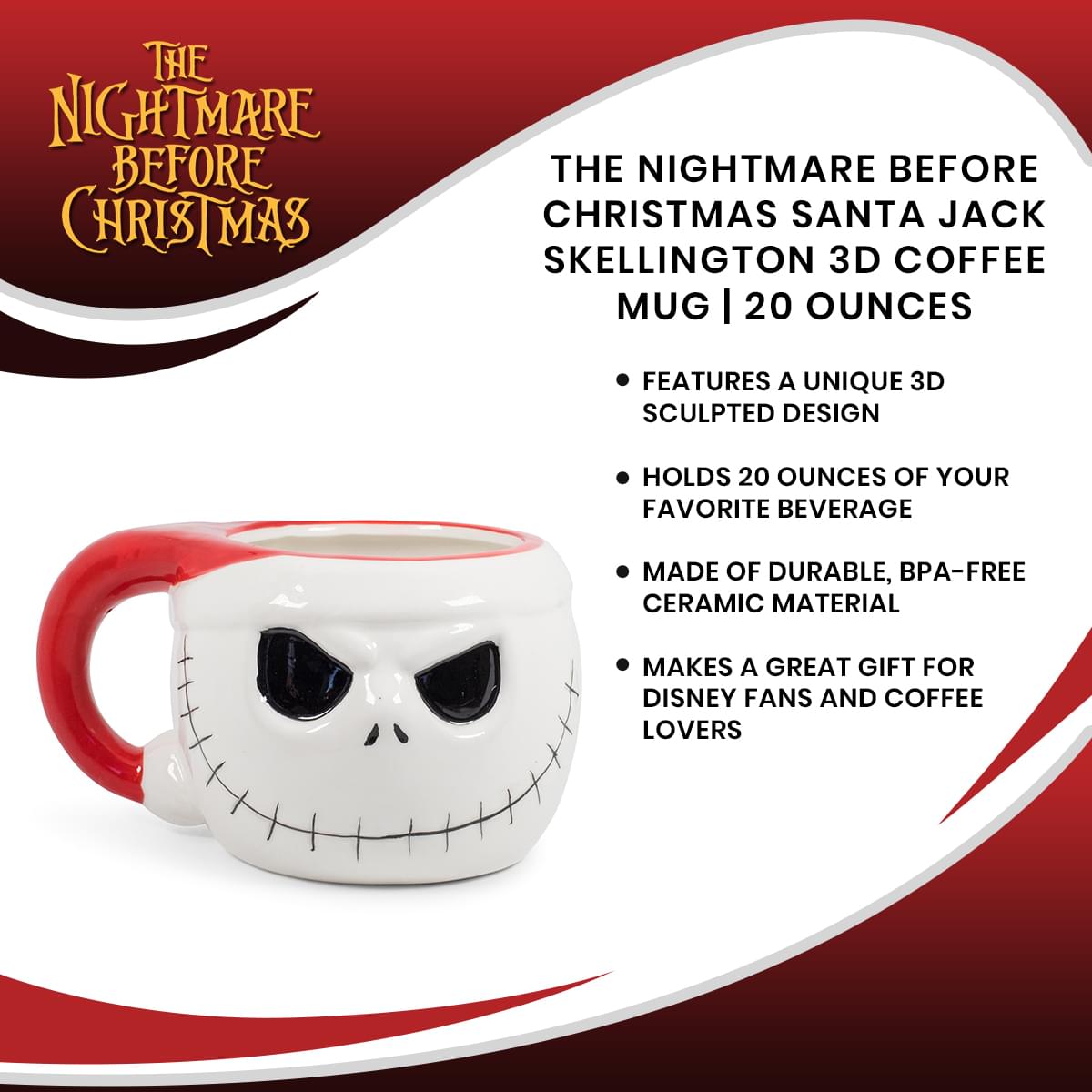The Nightmare Before Christmas Santa Jack Skellington 3D Coffee Mug | 20 Ounces