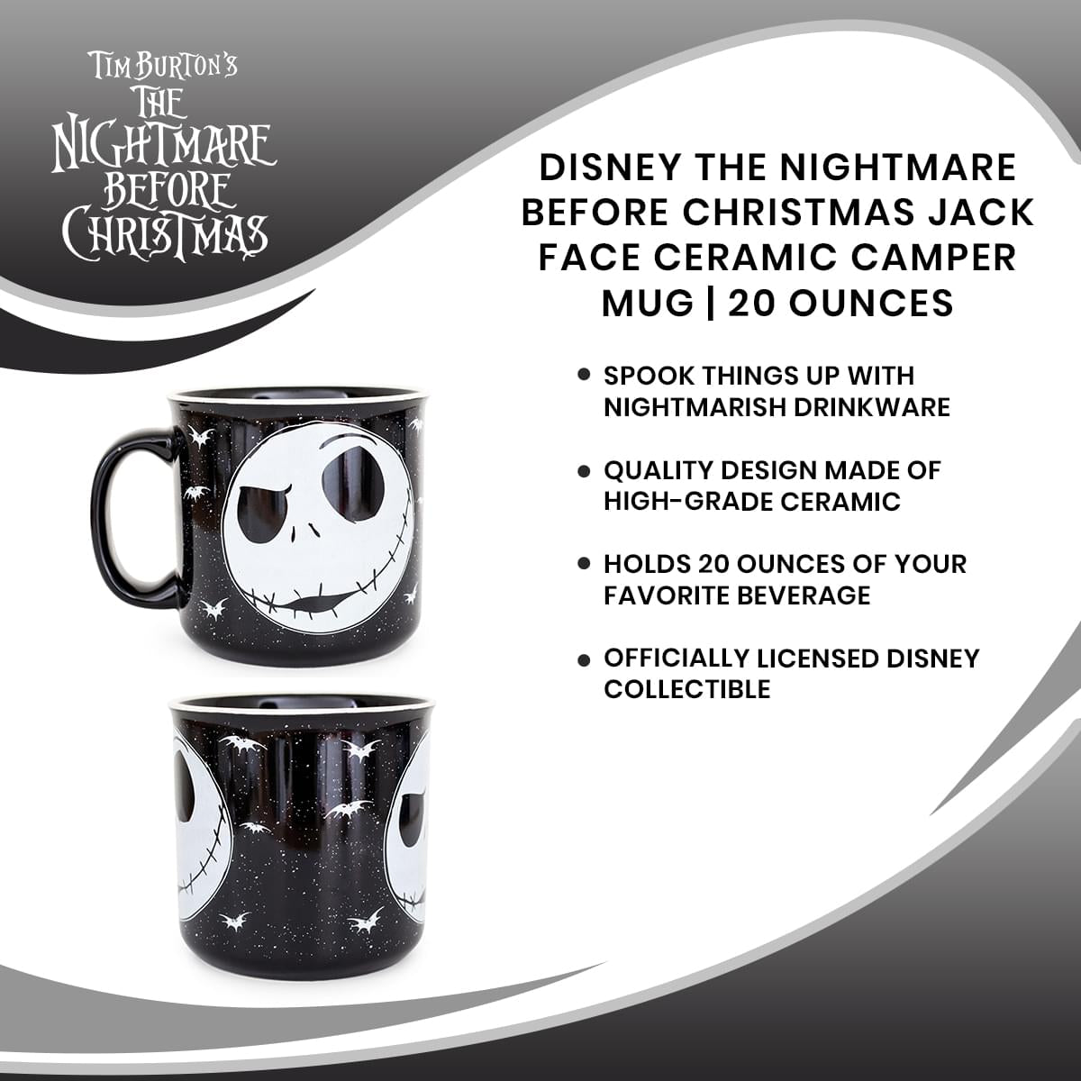 Disney The Nightmare Before Christmas Jack Face Ceramic Camper Mug | 20 Ounces