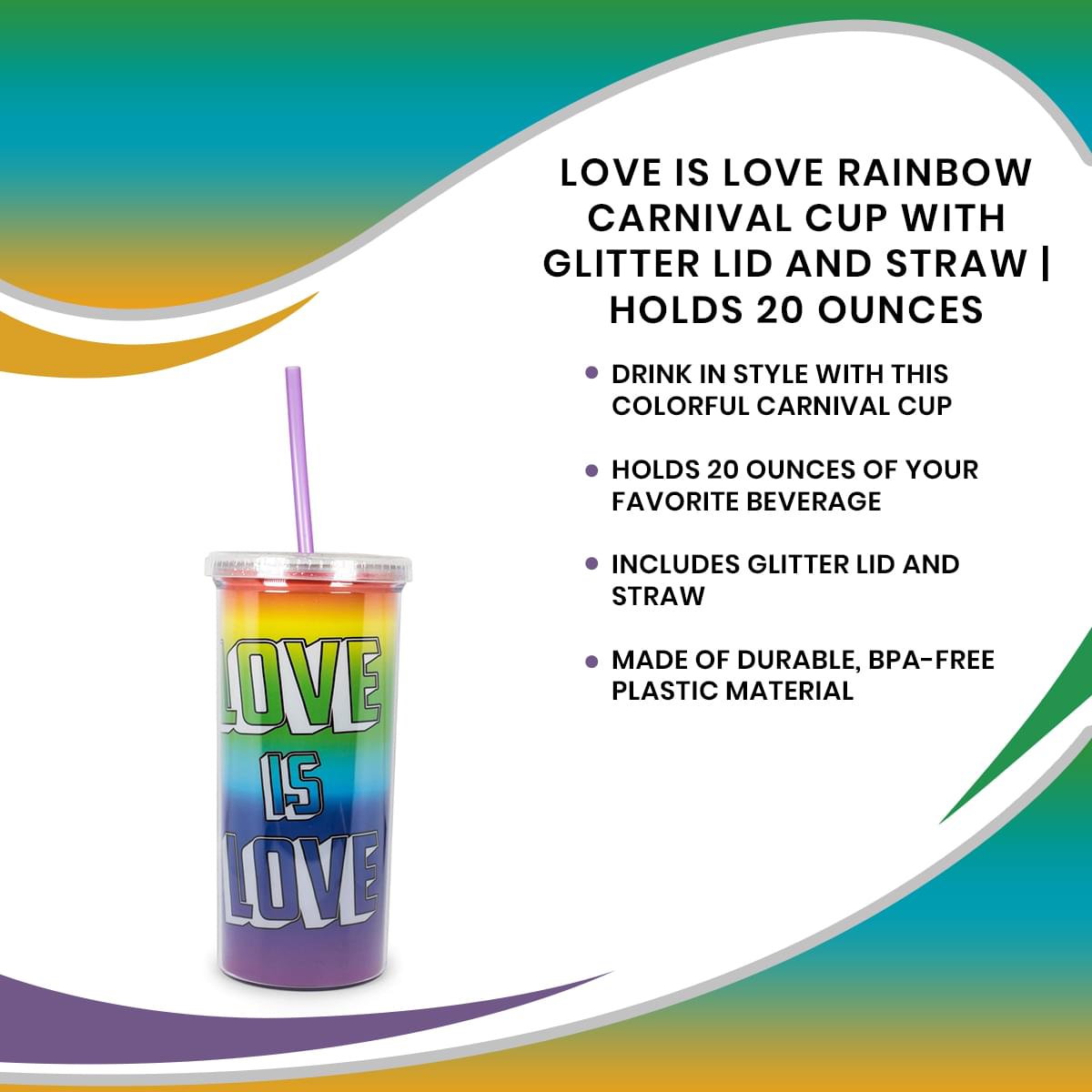 Love is Love Rainbow Carnival Cup With Glitter Lid And Straw | Holds 20 Ounces