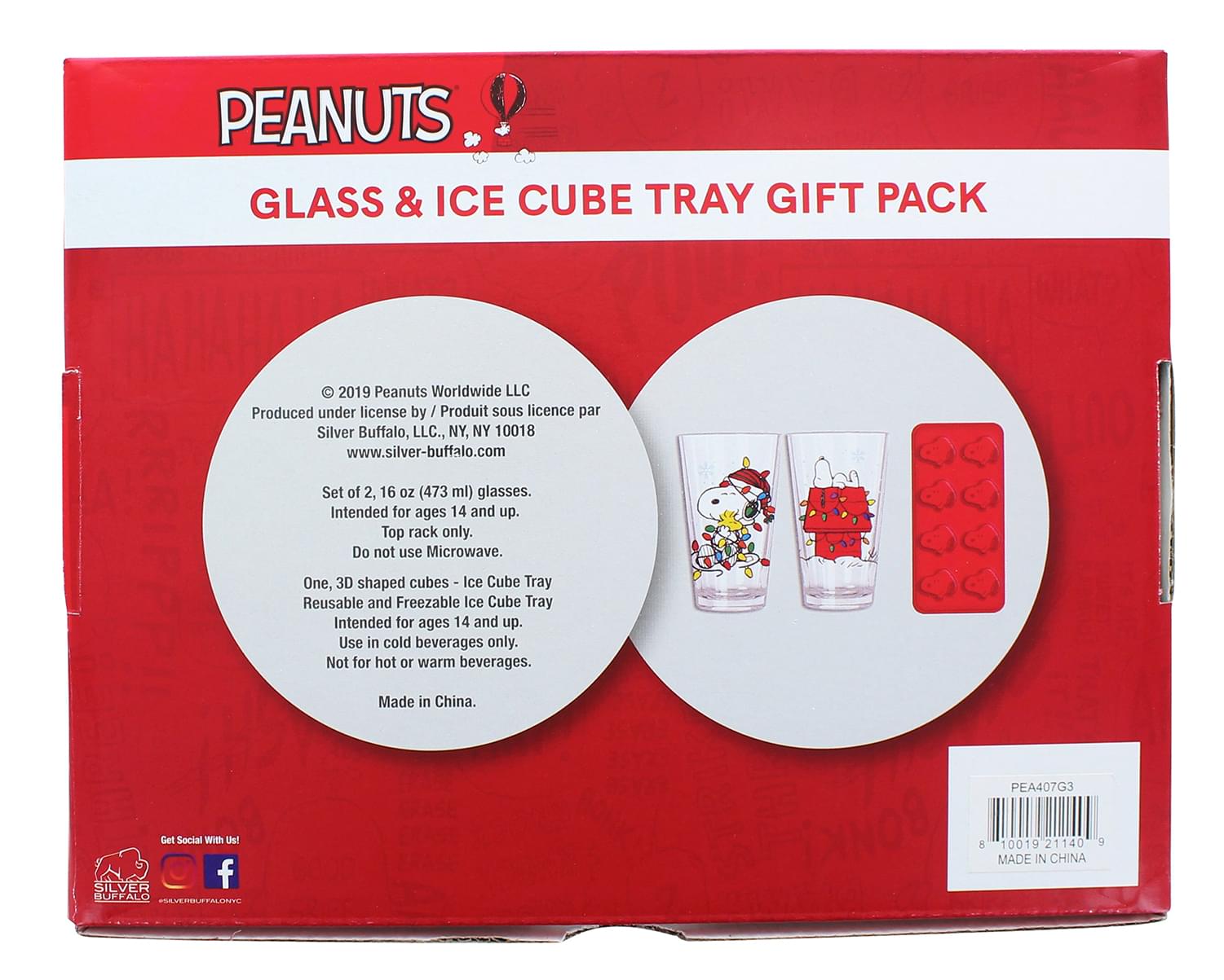 Peanuts Holiday Snoopy 16oz Pint Glasses with Ice Tray Set