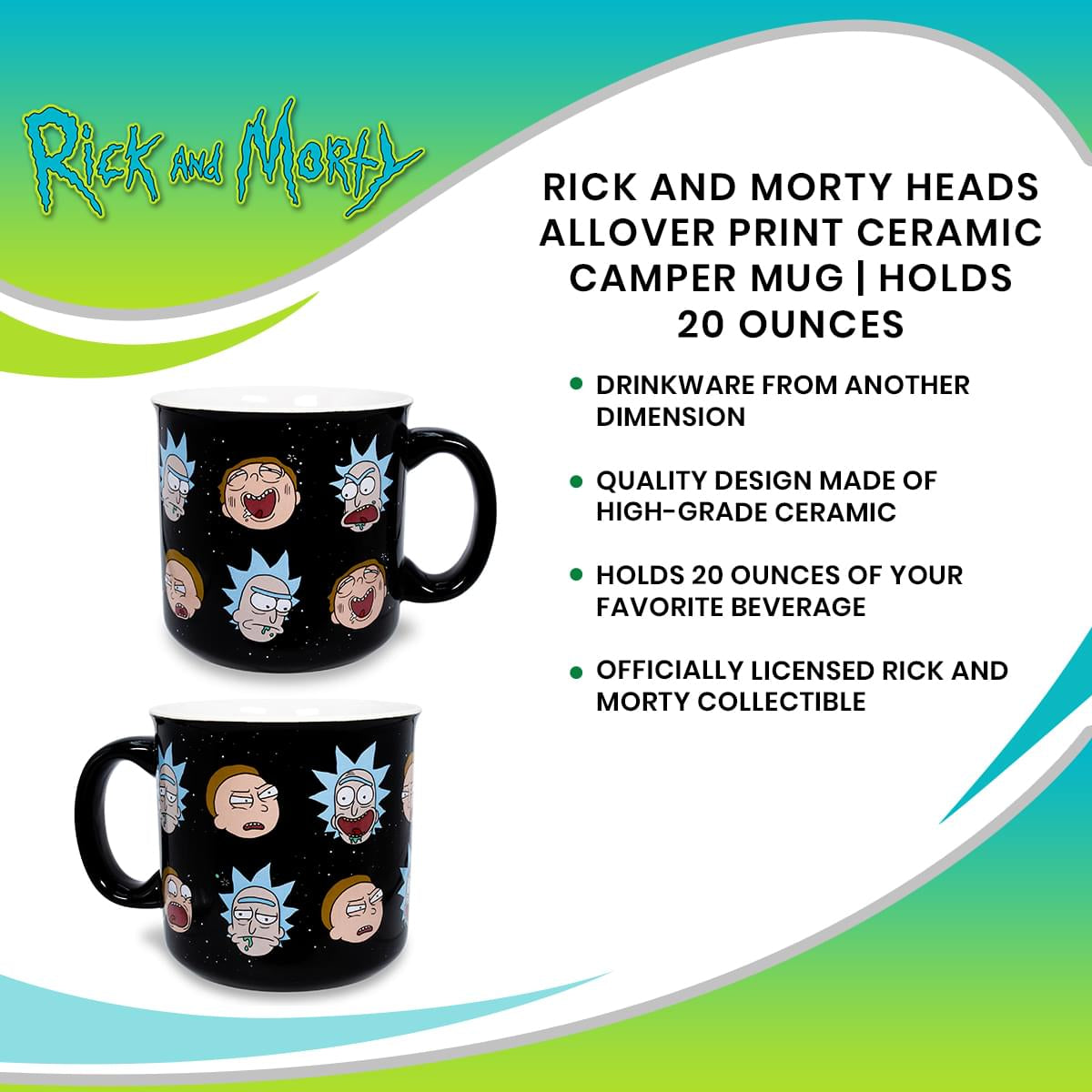 Rick and Morty Heads Allover Print Ceramic Camper Mug | Holds 20 Ounces