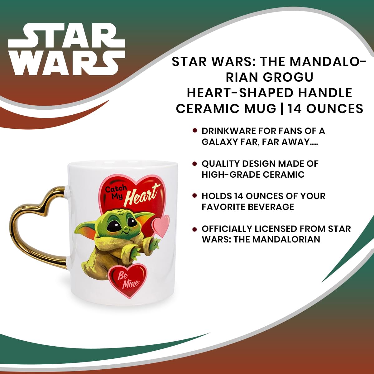 Star Wars: The Mandalorian Grogu Heart-Shaped Handle Ceramic Mug | 14 Ounces