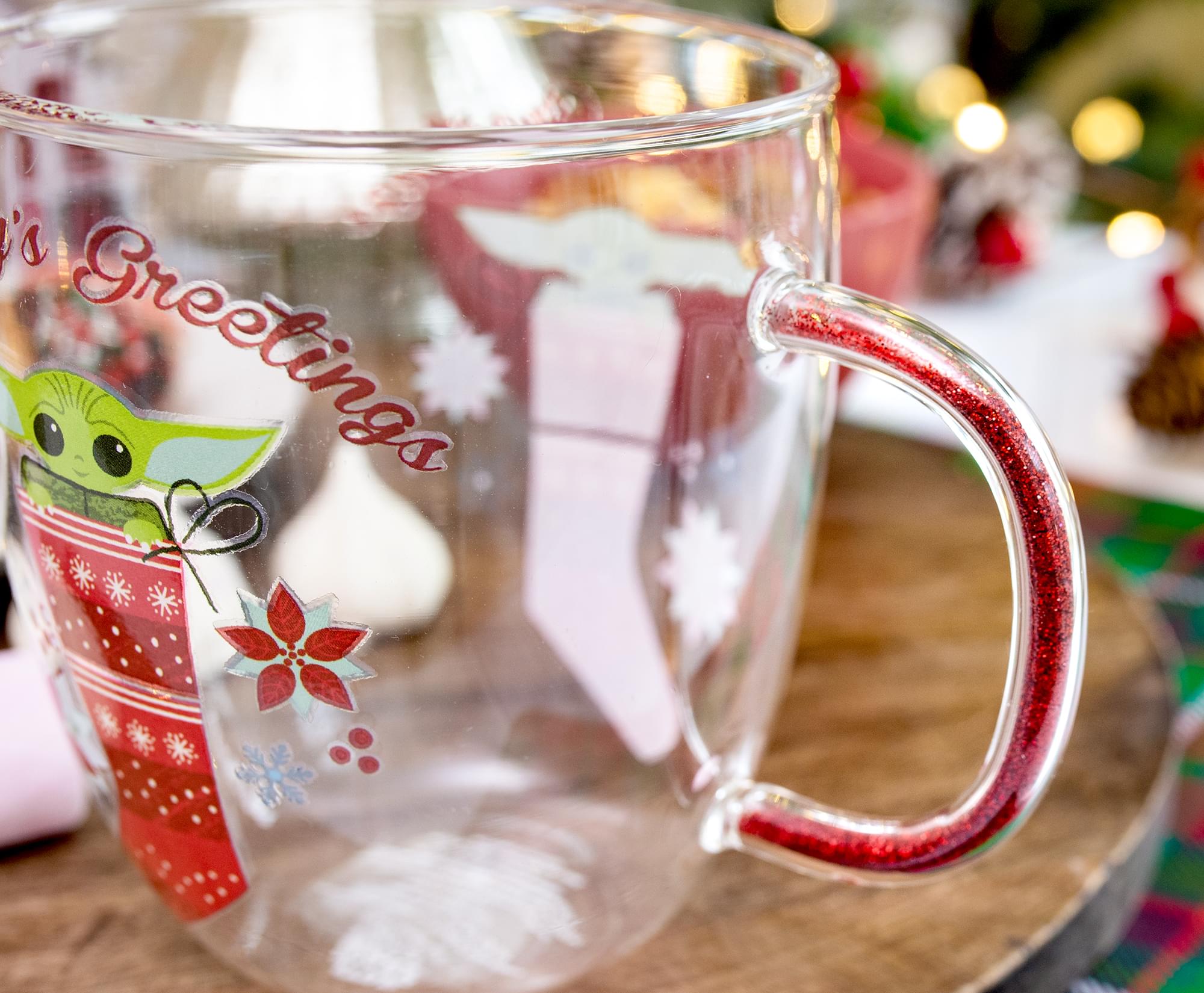 Star Wars: The Mandalorian Grogu Holiday Glitter Handle Glass Mug  | 14 Ounces