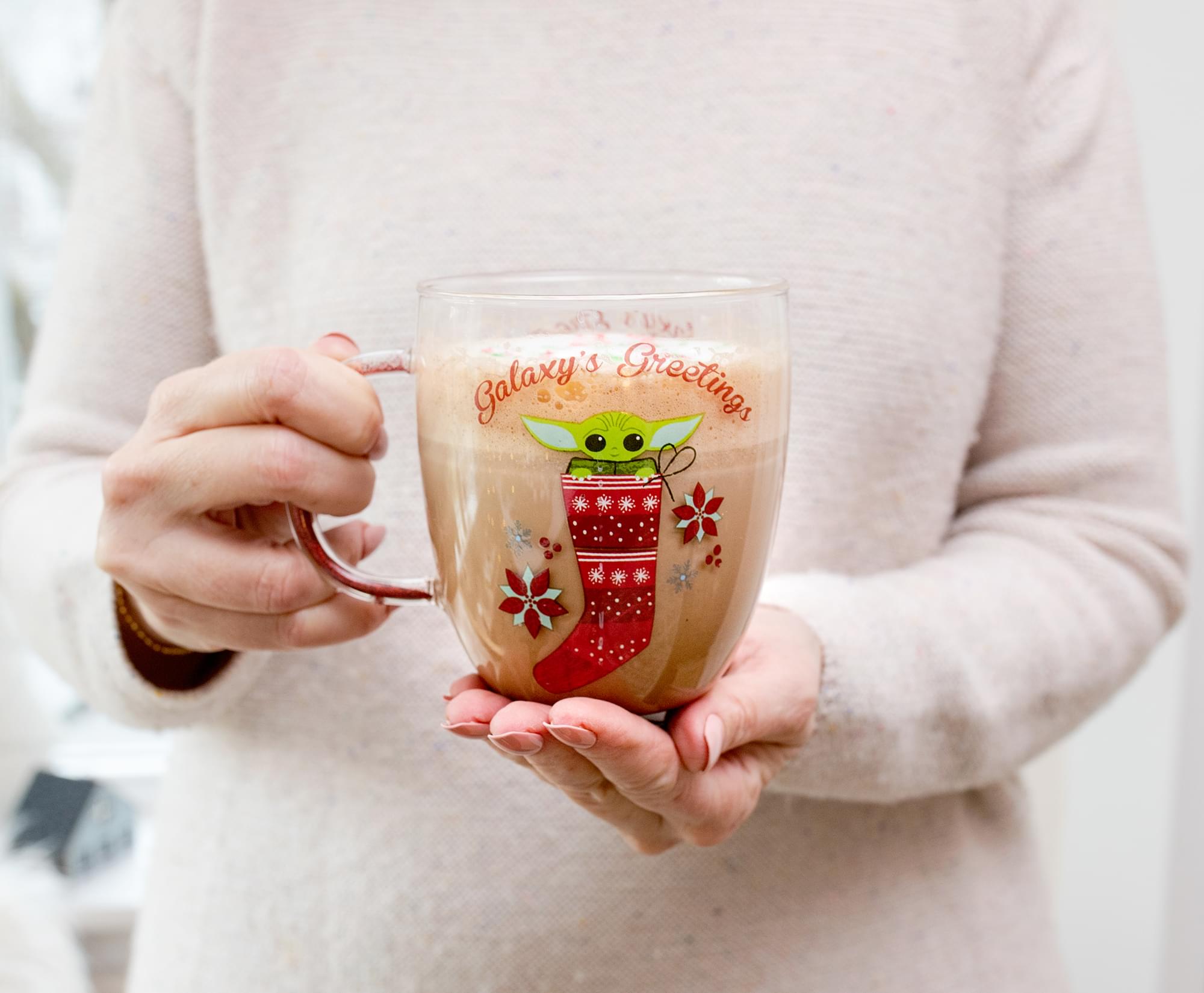 Star Wars: The Mandalorian Grogu Holiday Glitter Handle Glass Mug  | 14 Ounces
