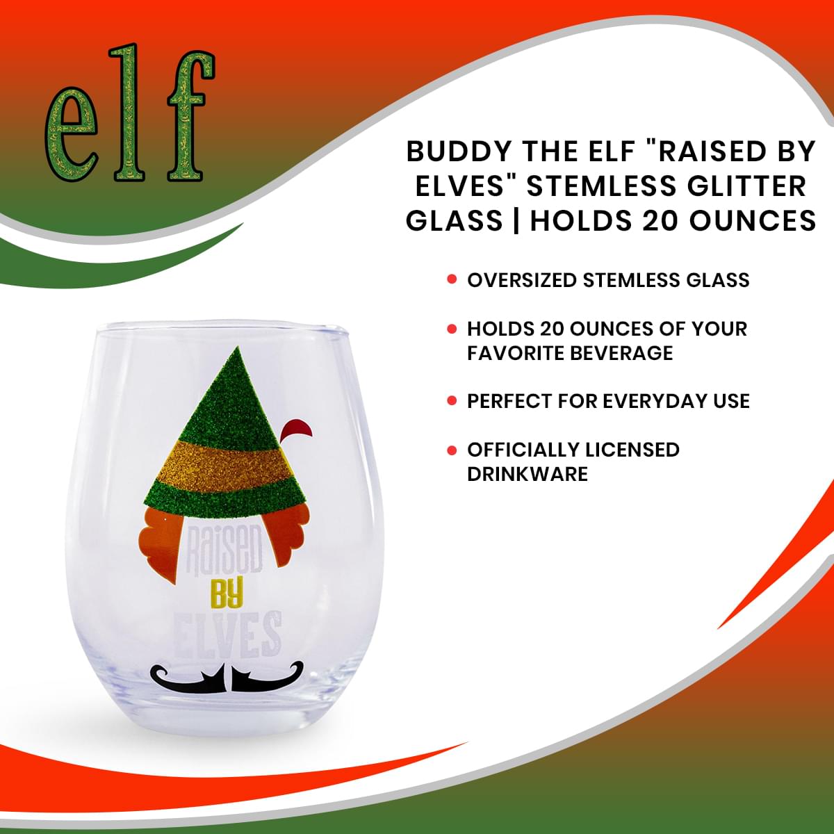 Buddy the Elf "Raised By Elves" Stemless Glitter Glass | Holds 20 Ounces