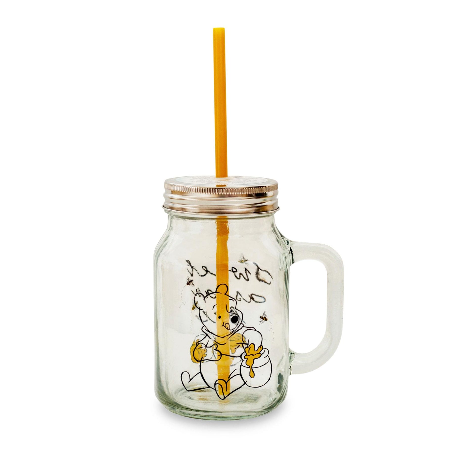 Winnie the Pooh Sweet as Can Bee 21 Ounce Glass Mason Jar With Lid and Straw