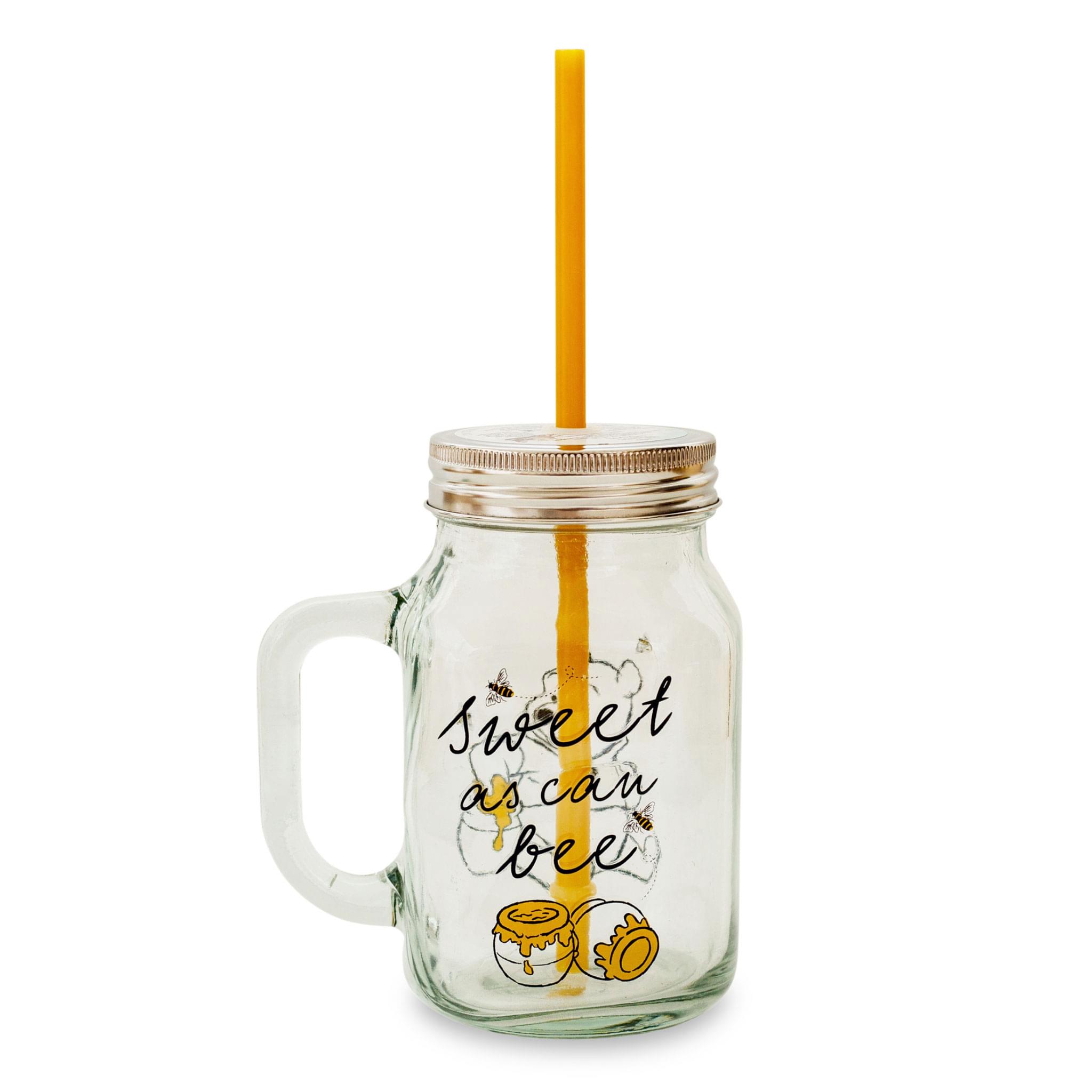 Winnie the Pooh Sweet as Can Bee 21 Ounce Glass Mason Jar With Lid and Straw