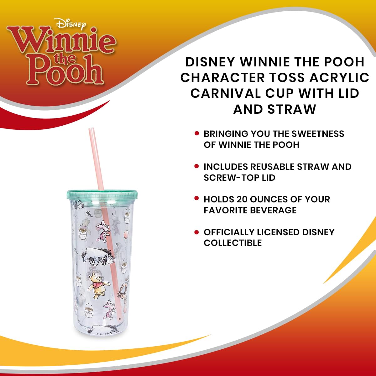 Disney Winnie the Pooh Character Toss Acrylic Carnival Cup with Lid and Straw