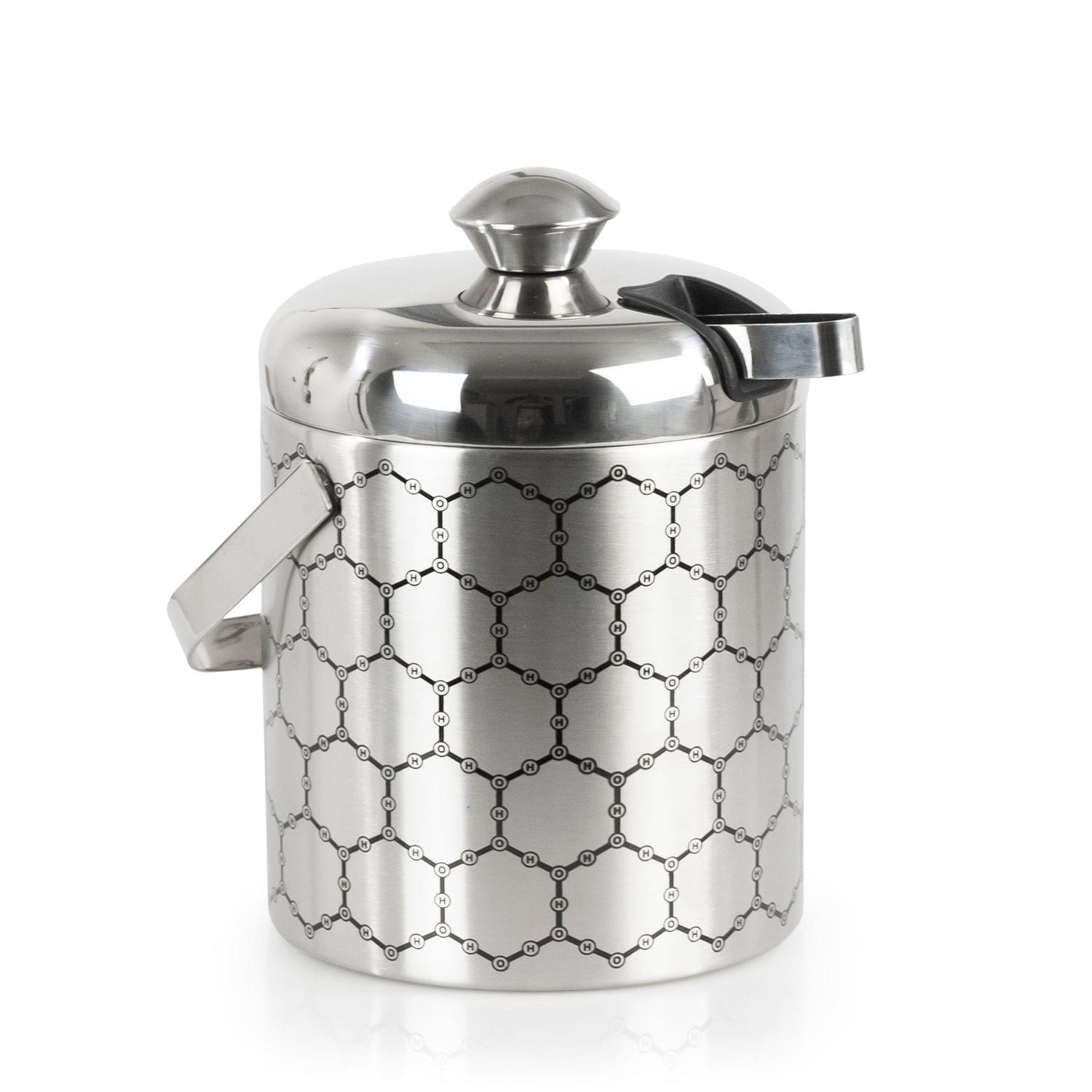 Stainless Steel Ice Bucket With Ice Molecule Pattern | Includes Set Of Ice Tongs