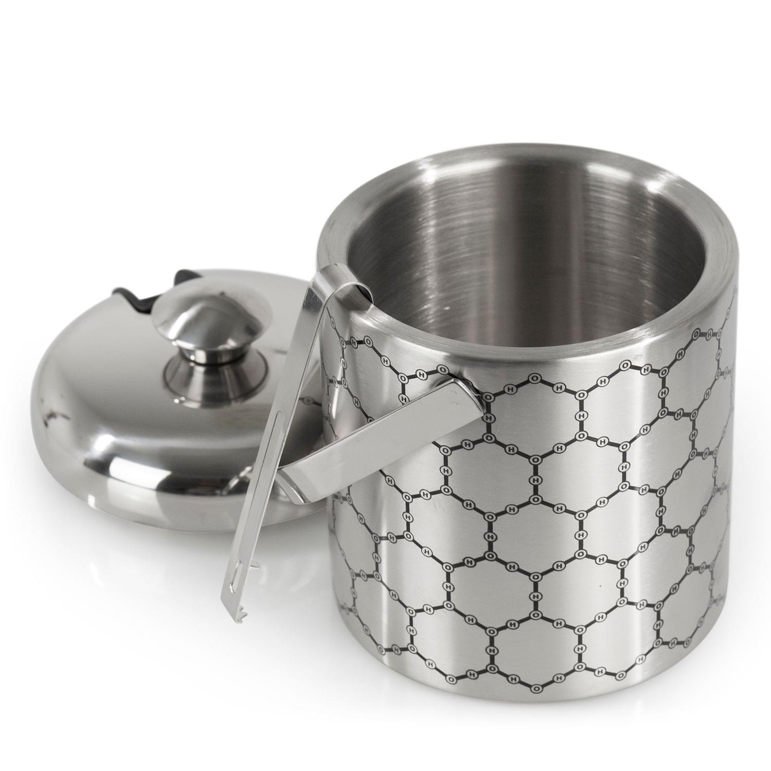Stainless Steel Ice Bucket With Ice Molecule Pattern | Includes Set Of Ice Tongs