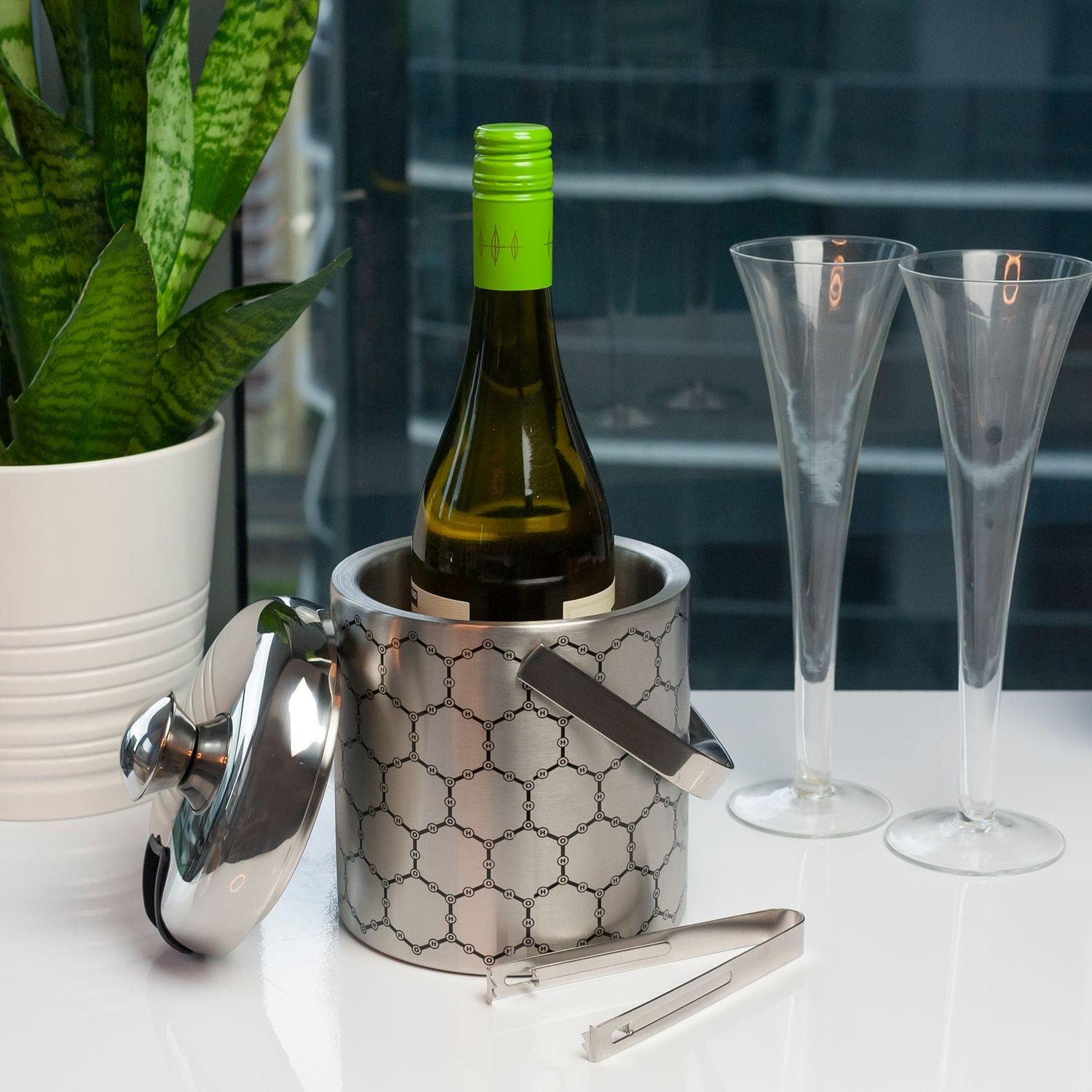 Stainless Steel Ice Bucket With Ice Molecule Pattern | Includes Set Of Ice Tongs