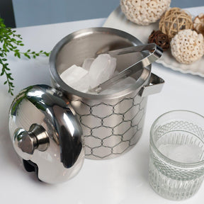 Stainless Steel Ice Bucket With Ice Molecule Pattern | Includes Set Of Ice Tongs
