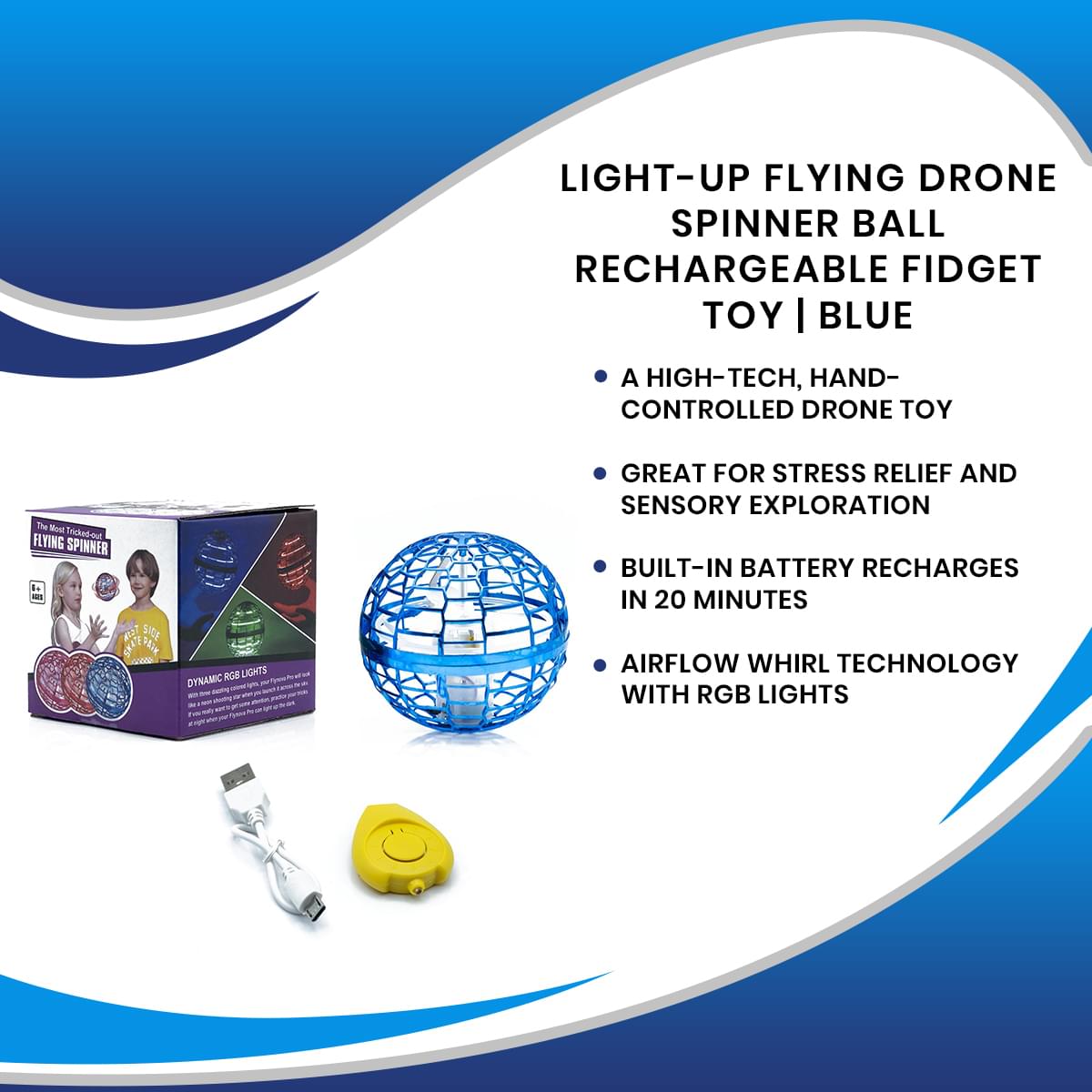 Light-Up Flying Drone Spinner Ball Rechargeable Fidget Toy | Blue
