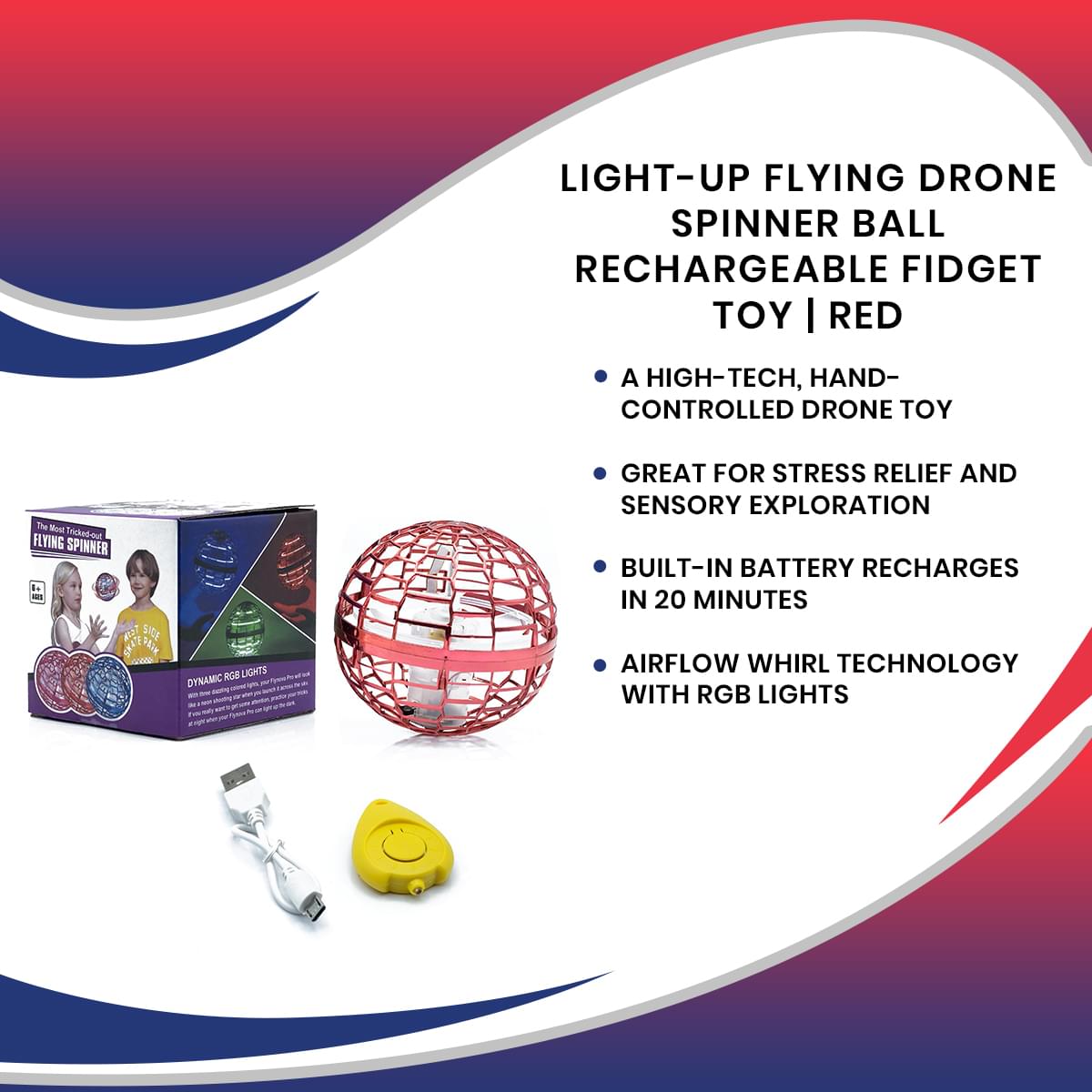 Light-Up Flying Drone Spinner Ball Rechargeable Fidget Toy | Red