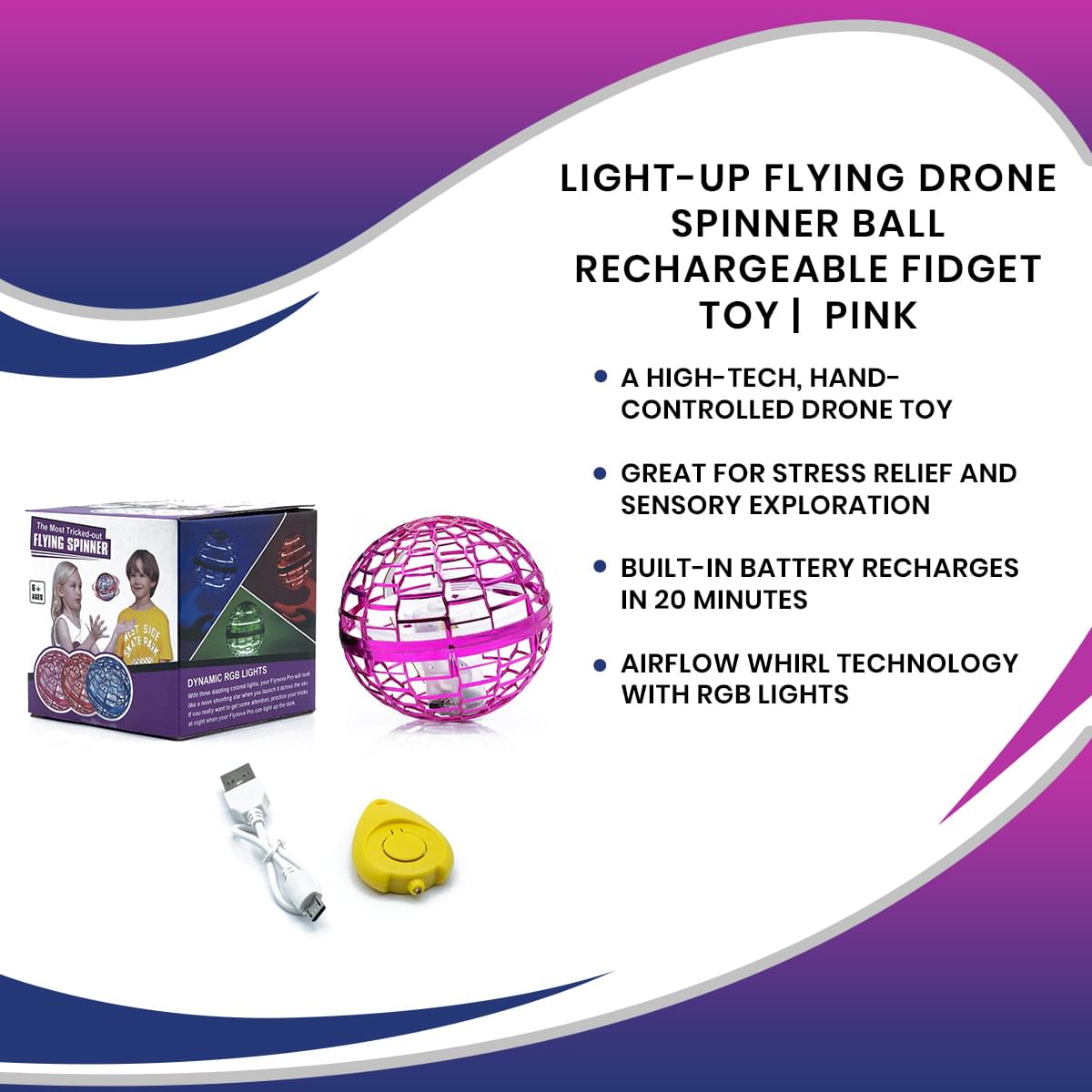 Light Up Flying Spinner Ball, Rechargable, Pink