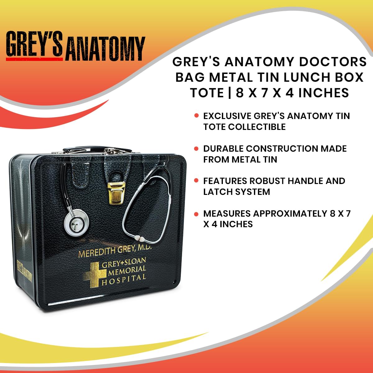 Grey's Anatomy Doctors Bag Metal Tin Lunch Box Tote | 8 x 7 x 4 Inches