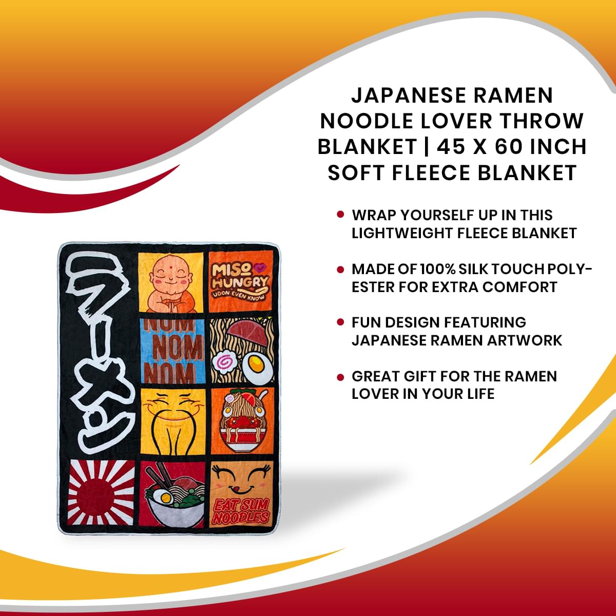Ramen Noodle Lover Throw Blanket | 45 x 60 Inch Soft Fleece Blanket