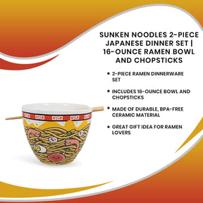 Sunken Noodles Japanese Dinnerware Set | 16-Ounce Ramen Bowl and Chopsticks
