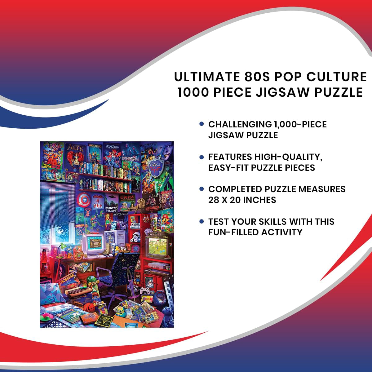 The Crazy 80's Retro 1000 Piece Jigsaw Puzzle - 28x20 Inch Family Game Night Fun For Adults & Kids