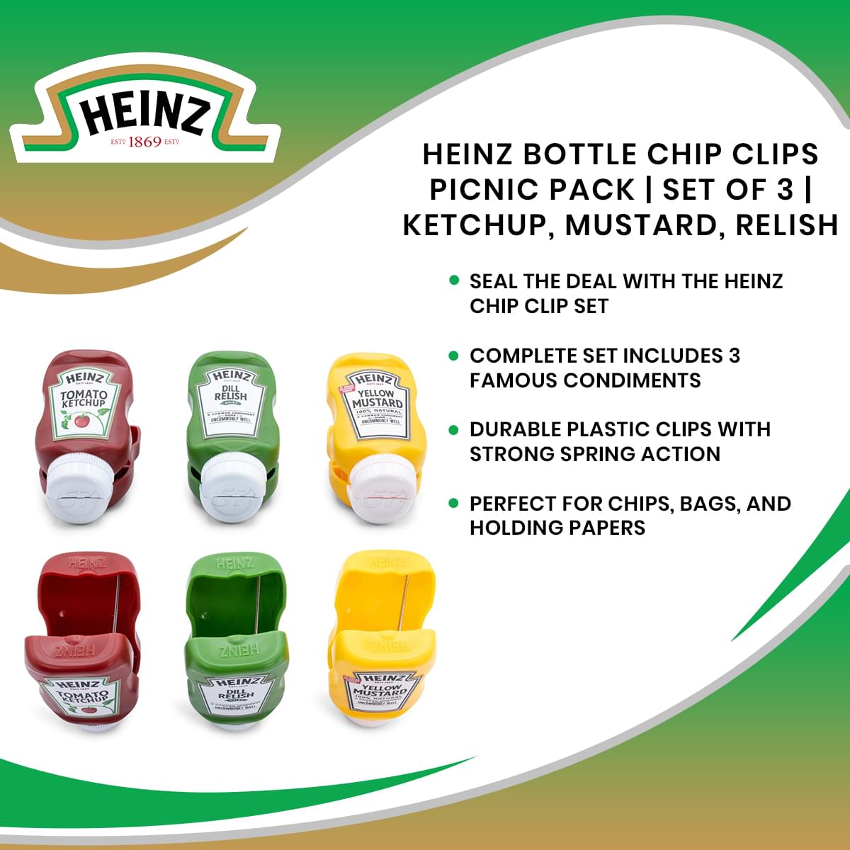 Heinz Bottle Chip Clips Picnic Pack | Set of 3 | Ketchup, Mustard, Relish