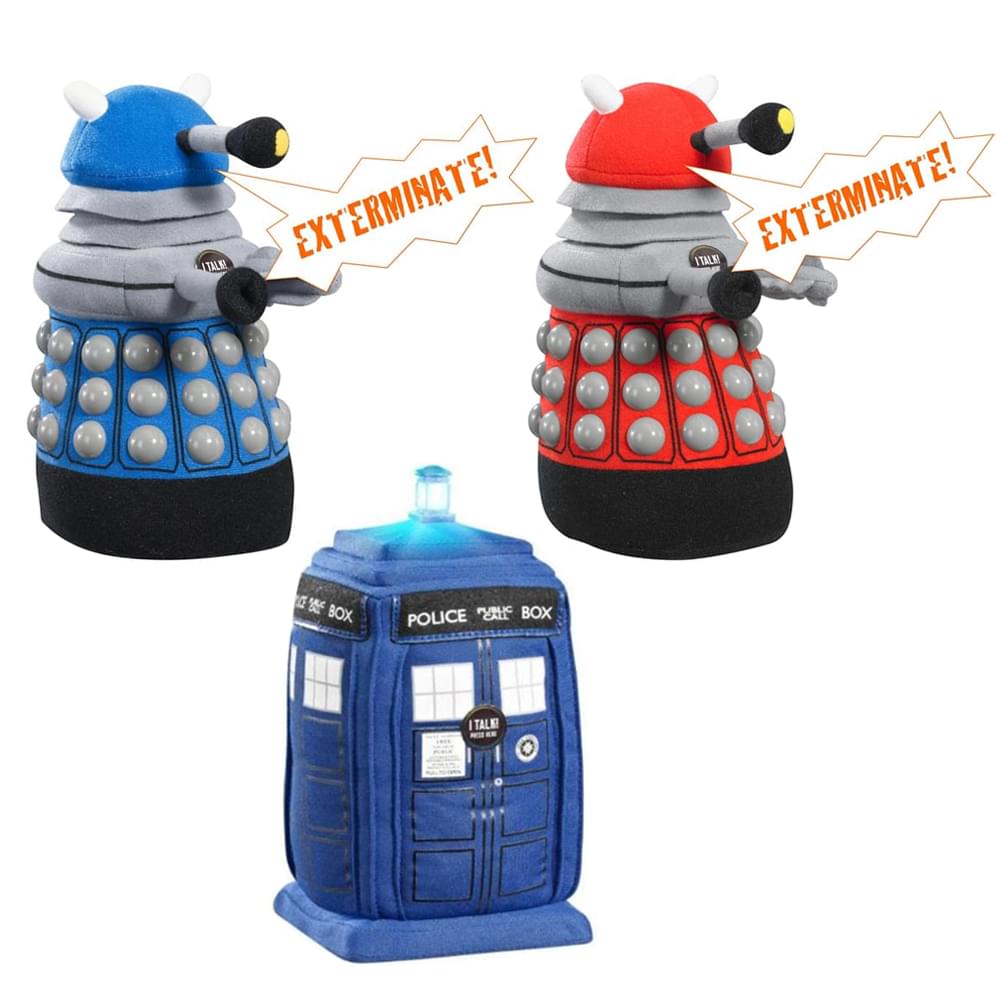 Doctor Who Tardis, Red Dalek, and Blue Dalek Medium Talking Plush Set Of 3