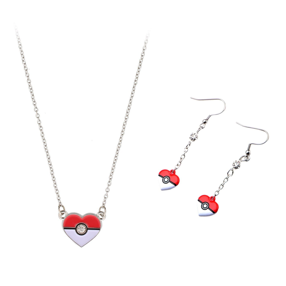 Pokemon Heart Shaped Pokeball Earring And Necklace Bundle